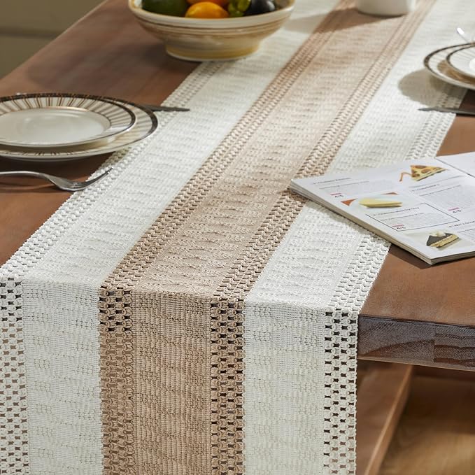 ZeeMart Macrame Style Bicolor Stitching Table Runner, 14 x 36 Inch Taupe/Ivory - Image 5