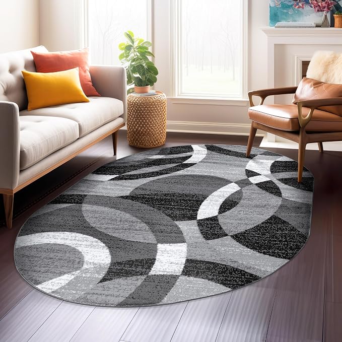 Rugshop Gray Modern Geometric Oval Rug, Abstract Circles, High-Traffic by Rugshop
