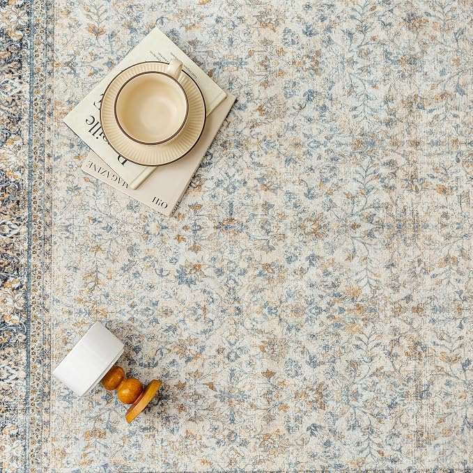 Beige Area Rug 5x7 Living Room Machine Washable Vintage Carpet Non Slip Indoor - Image 6