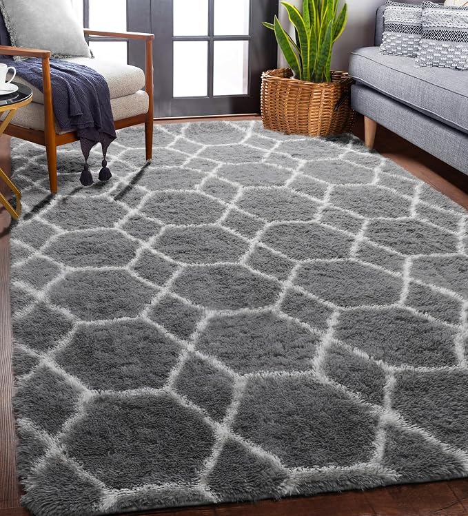 ONASAR Area Rugs for Living Room Bedroom, 5x8 Washable Fluffy Grey and White Rug - Image 4