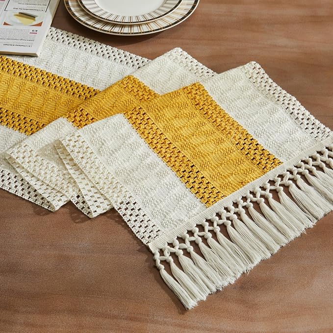 ZeeMart Macrame Style Bicolor Stitching Table Runner, 14 x 90 Inch Mustard/Ivory by ZEEMARTONLINE