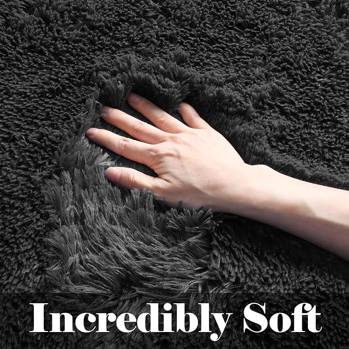ONASAR Black Area Rugs for Living Room Bedroom, 5x8 Fluffy Shaggy Rug, Washable - Image 2
