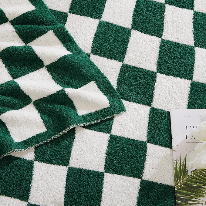 WRENSONGE Checkered Throw Blanket, Avocado Green Soft Cozy Fluffy Warm Hand - Image 4