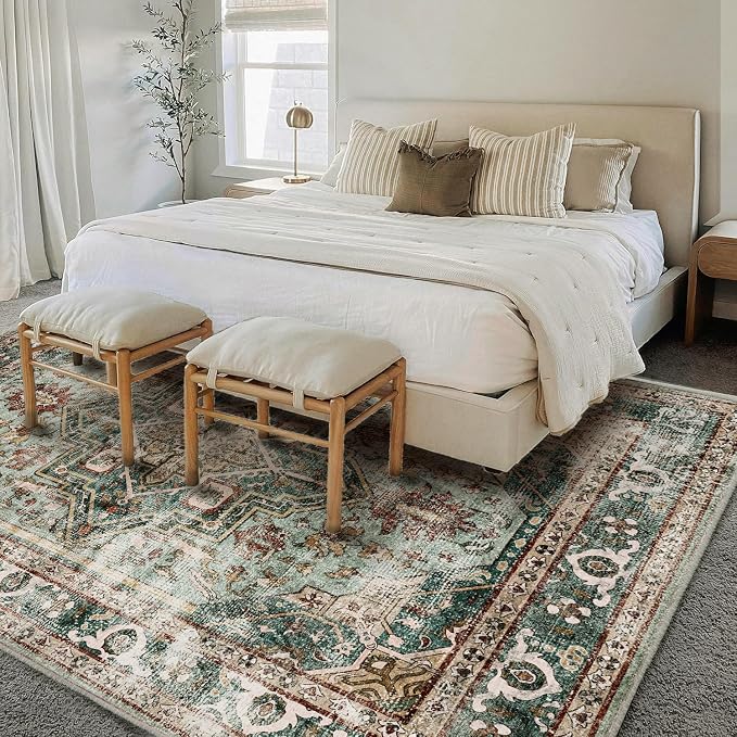 Green Area Rug 9'x12' Washable Vintage Traditional Mat Distressed Indoor - Image 3