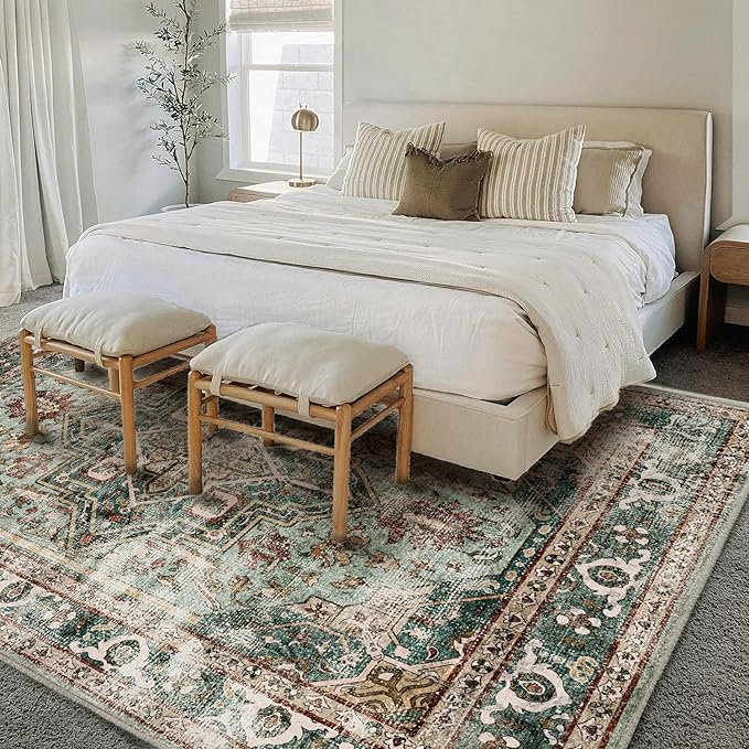 Green Area Rug 10'x14' Washable Vintage Traditional Mat Distressed Indoor - Image 2