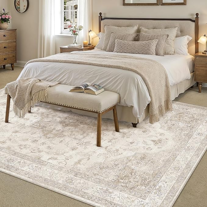 Beige Area Rug 10x14 Washable Living Room Carpet Vintage Non Slip Soft Bedroom - Image 5