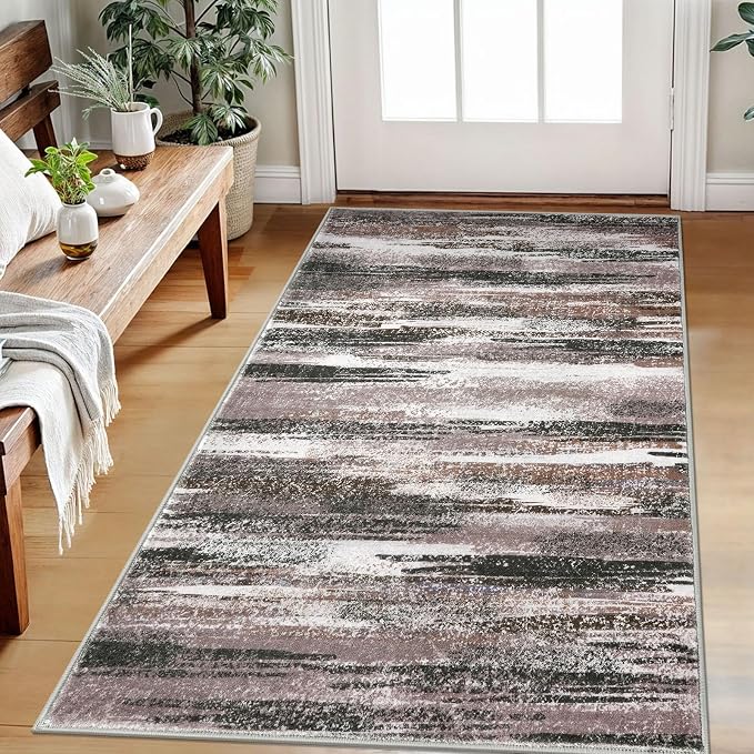 Modern Abstract Small Area Rug Indoor, Dark Light Brown White 3x5 Washable Rug by lansny