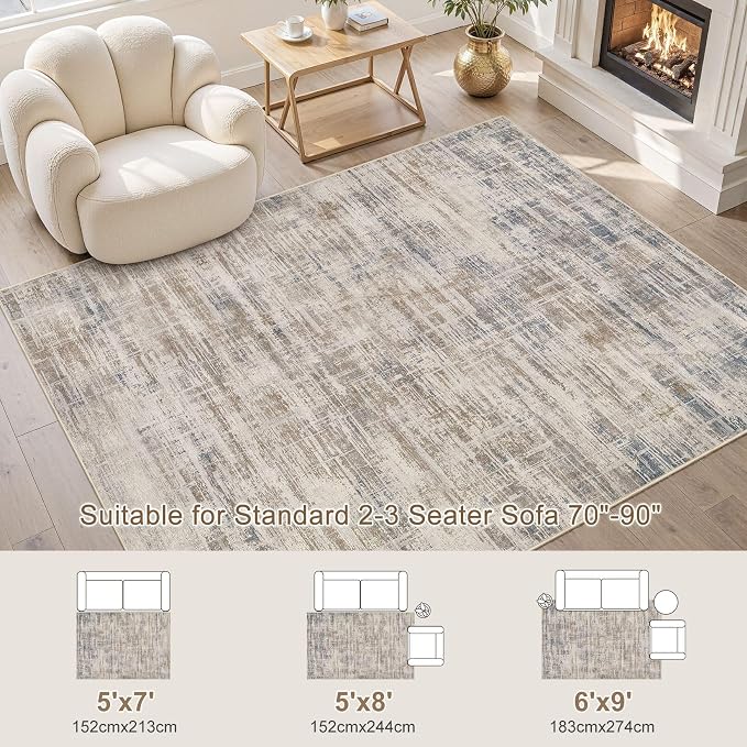 Area Rug for Living Room: 5x7 Washable Neutral Abstract Modern Soft Rugs Non - Image 4