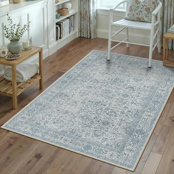 Blue Area Rug 3x5 Washable Office Entryway Carpet Soft Vintage Indoor Kitchen by PureCozy