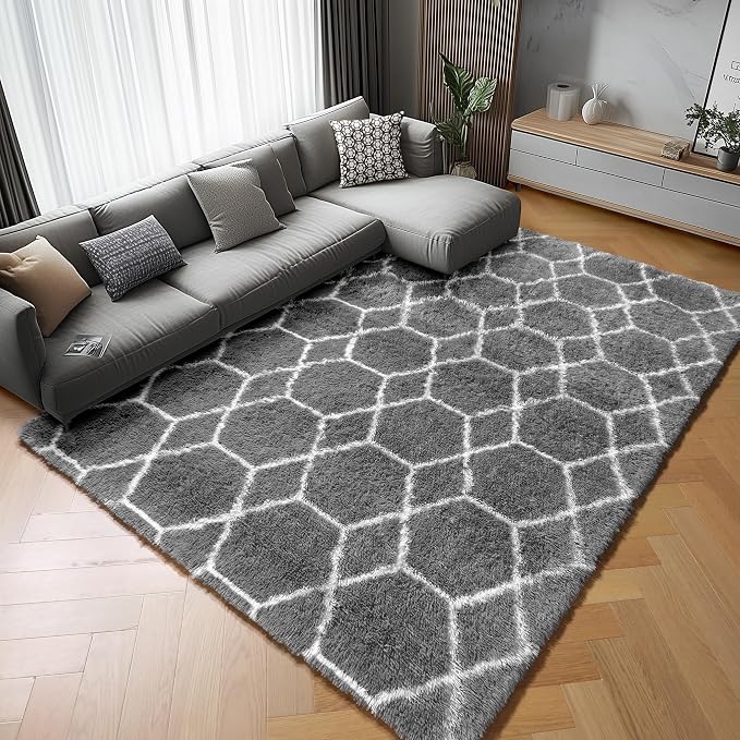 ONASAR Area Rugs for Living Room Bedroom, 5x8 Washable Fluffy Grey and White Rug by ONASAR