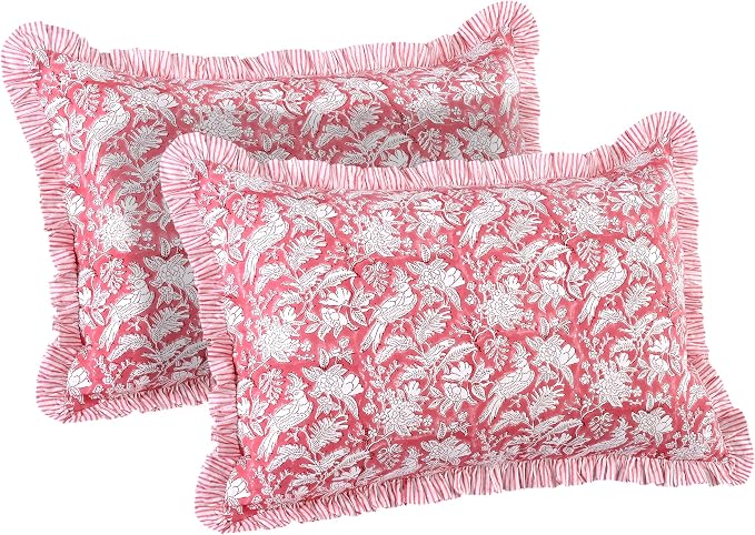CPC Ruby Red 100% Cotton Block Print Ruffle Sham Cover 20X30 inch Pack of 2 by COTTONPRINTCLUB