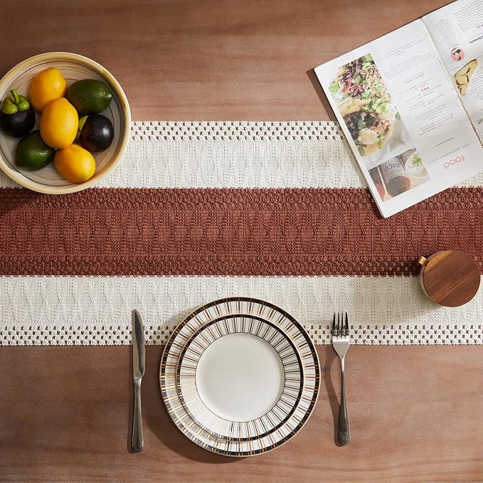 ZeeMart Macrame Style Bicolor Stitching Table Runner, 14 x 108 Inch - Image 4