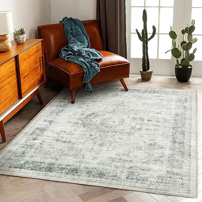 Area Rug 5'x7' Washable Rug Floral Green Vintage Traditional Floor Cover Thin - Image 2