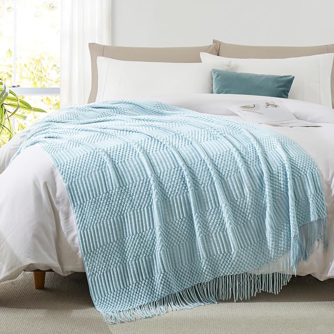 Light Blue Knitted Decorative Ball Throw Blankets - Image 2
