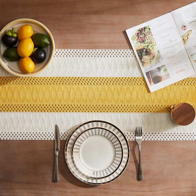 ZeeMart Macrame Style Bicolor Stitching Table Runner, 14 x 48 Inch Mustard/Ivory - Image 4