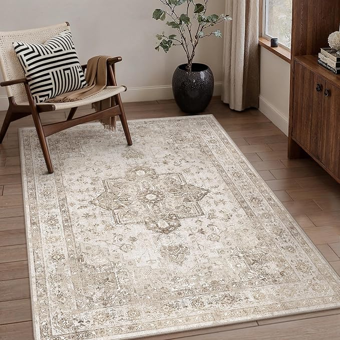 Taupe Area Rug 4x5 Washable Vintage Carpet - Image 3