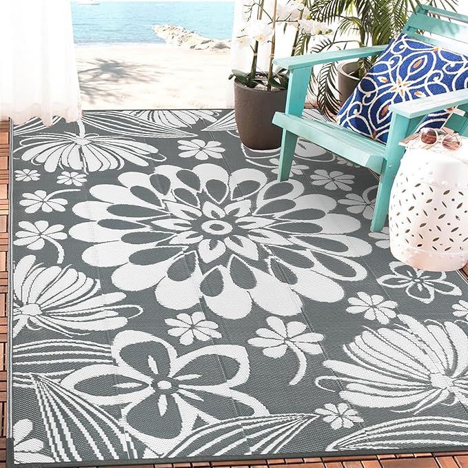 Ileading Outdoor Plastic Straw Rug 5x8ft Funny Floral Style Reversible Patio by Ileading