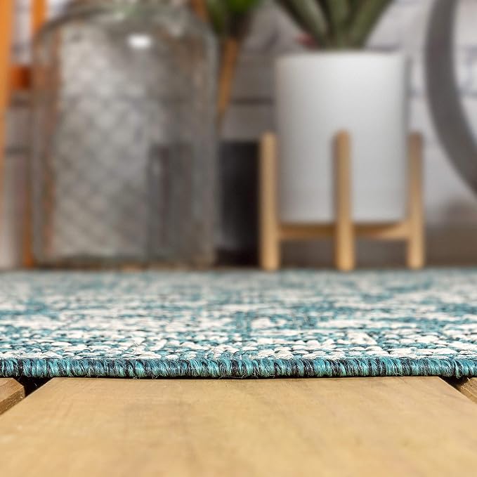 JONATHAN Y Weave Floral Indoor Outdoor Round Area Rug 9 Ft Teal/Gray, Tela - Image 6