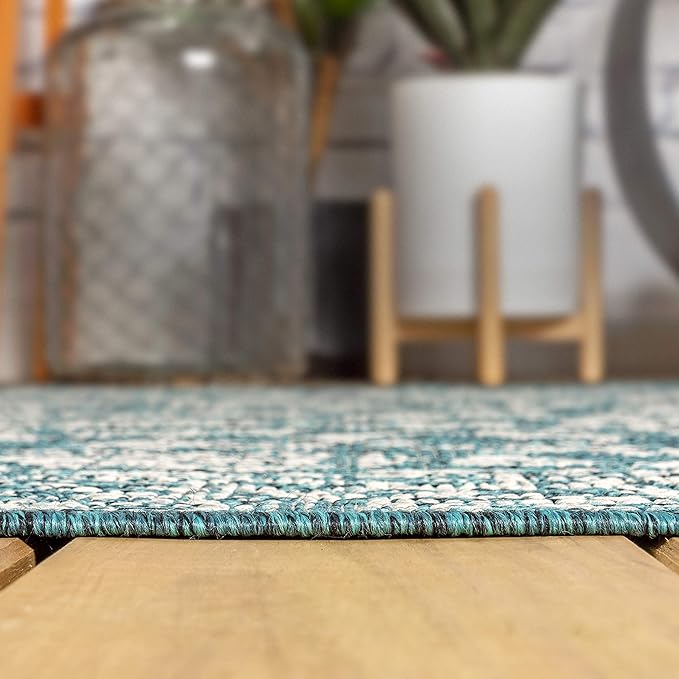 JONATHAN Y Weave Floral Indoor Outdoor Square Area Rug 6X6 Teal/Gray, Tela - Image 6