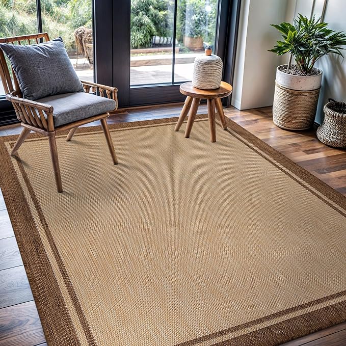 CAMILSON Outdoor Rug 5x7 Bordered Natural Brown Modern Area Rugs - Image 7