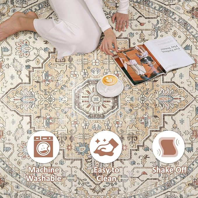 Round Rug Living Room Rugs: 6Ft Washable Boho Neutral Large Circle Soft Indoor - Image 2