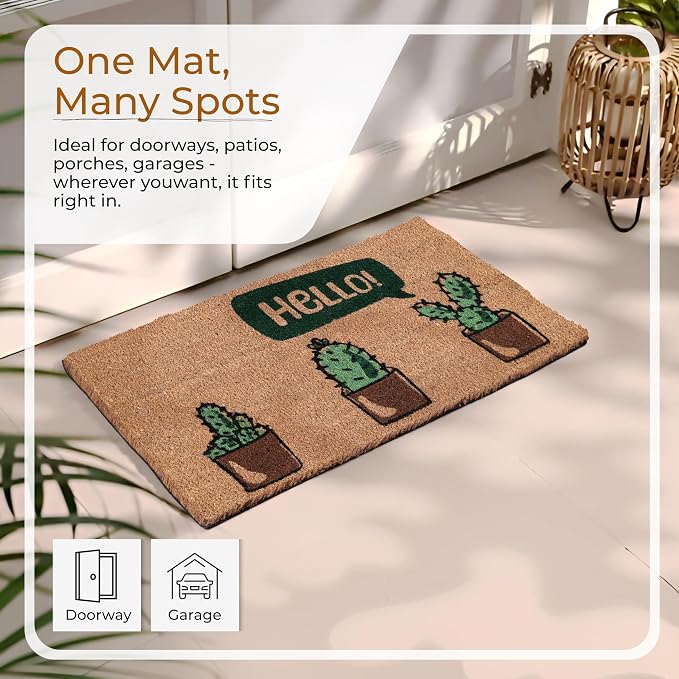 Coir Door Mats 17" X 30", Non-Slip Sturdy, PVC Backed Heavy Duty, Hello Cactus - Image 4