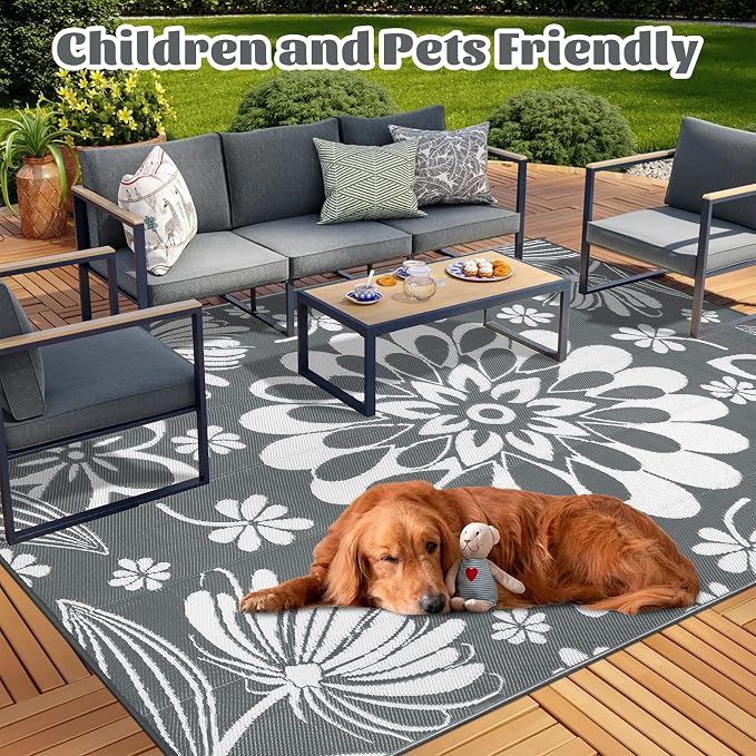 Ileading Outdoor Plastic Straw Rug 9x12ft Funny Floral Style Reversible Patio - Image 2