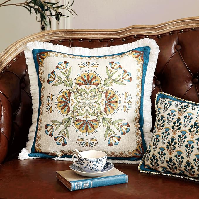 patdrea Designer Square Throw Pillow Covers, French Vintage Blue Farmhouse - Image 2