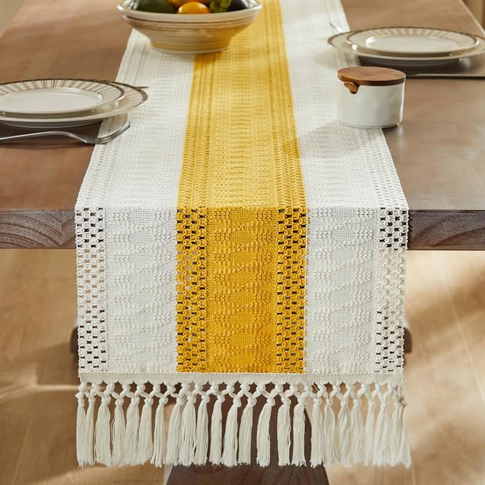 ZeeMart Macrame Style Bicolor Stitching Table Runner, 14 x 90 Inch Mustard/Ivory - Image 3