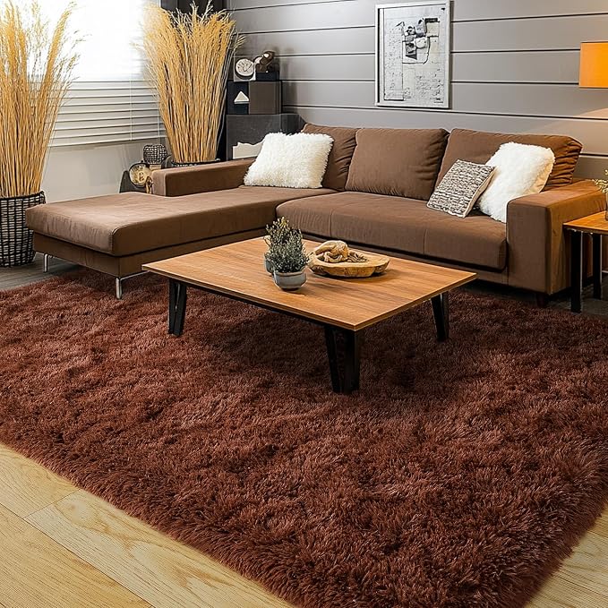 Brown Plush Rug for Living Room Fuzzy Carpet for Bedroom Dorm, Non-Slip High - Image 3