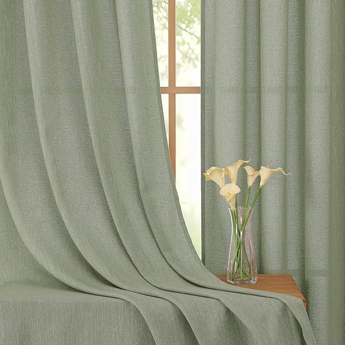 Simplebrand Sage Green Semi Sheer Faux Linen Textured 120 Inches Long Curtains - Image 5