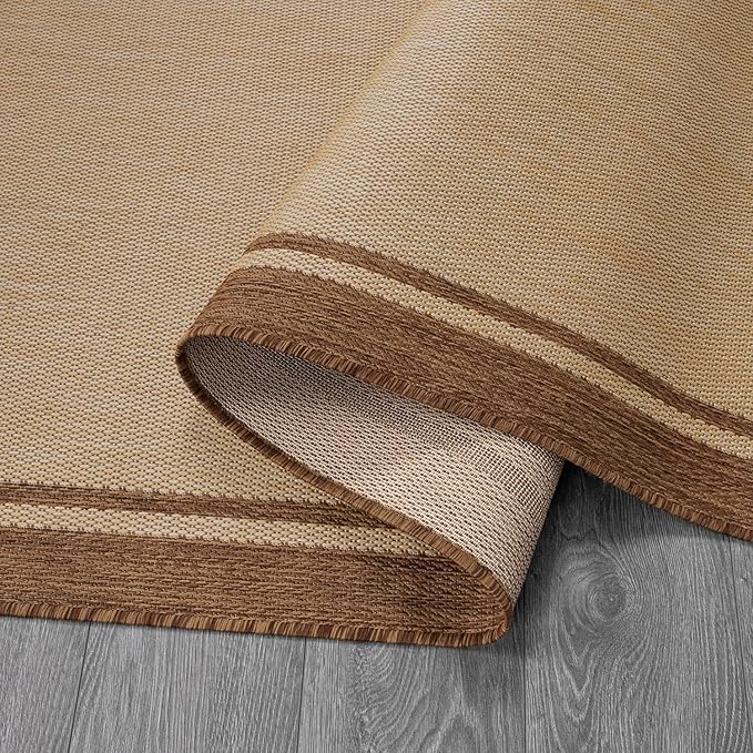 CAMILSON Outdoor Rug 9x12 Bordered Natural Brown Modern Area Rugs - Image 3