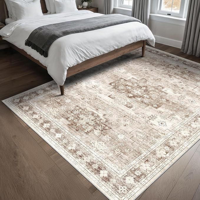 Washable Neutral Farmhouse Bedroom Rug, 5x7 Area Rugs by HazoHaus