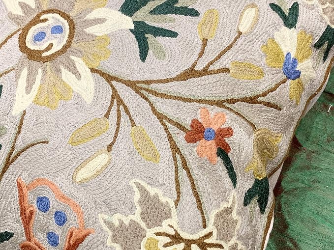 Beige Floral Pillow Cover Taupe Flower Traditional Hand Embroidered Pillowcase - Image 6
