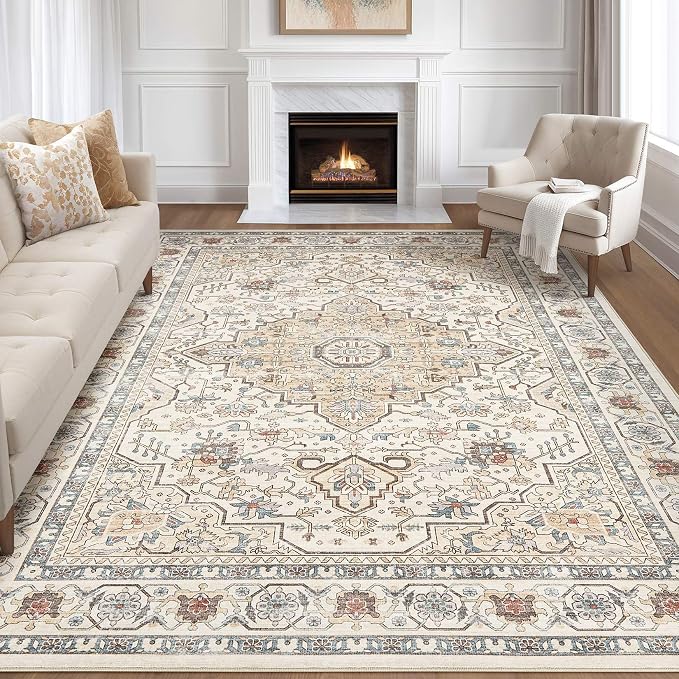 7x10 Area Rug Living Room: Washable Boho Large Neutral Vintage Soft Rugs Stain by LOONGRUG
