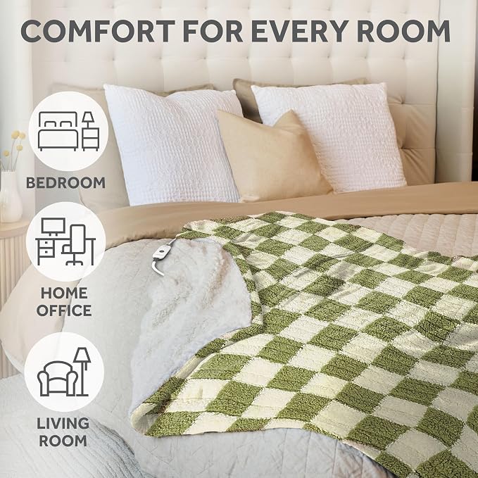 Sunbeam Printed Royal Sherpa Foot Pocket Heated Throw Electric Blanket - Image 7