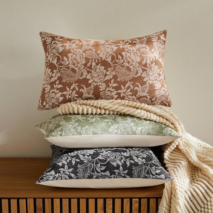 Floral Jacquard Lumbar Throw Pillow Covers Set of 2, Background/Caramal 12x20 - Image 5