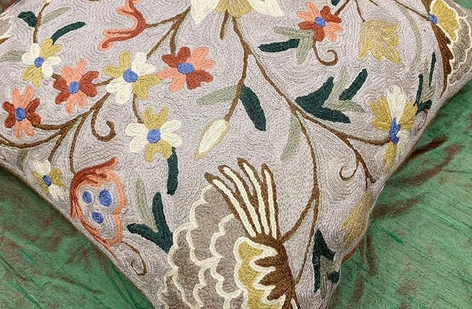 Beige Floral Pillow Cover Taupe Flower Traditional Hand Embroidered Pillowcase - Image 4