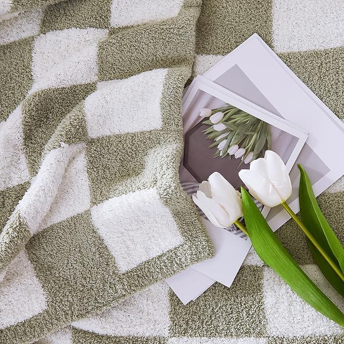 WRENSONGE Checkered Throw Blanket, Sage Green Soft Cozy Fluffy Warm Hand Made - Image 3