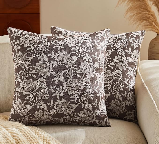 Floral Jacquard Throw Pillow Covers Set of 2, Background/Chocolate 22x22 Inch by Unknown