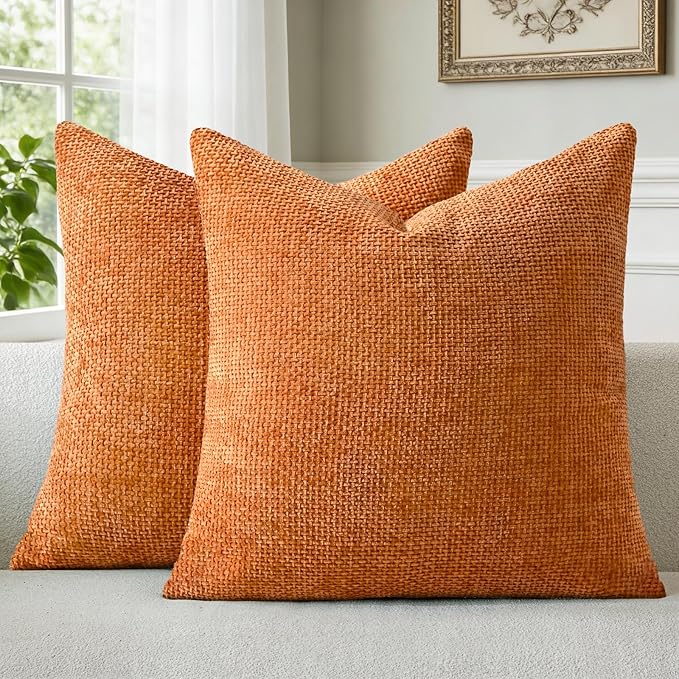 a moment Fall Orange Chenille Throw Pillow Covers 22x22 Inch Pack of 2 Modern by amoment
