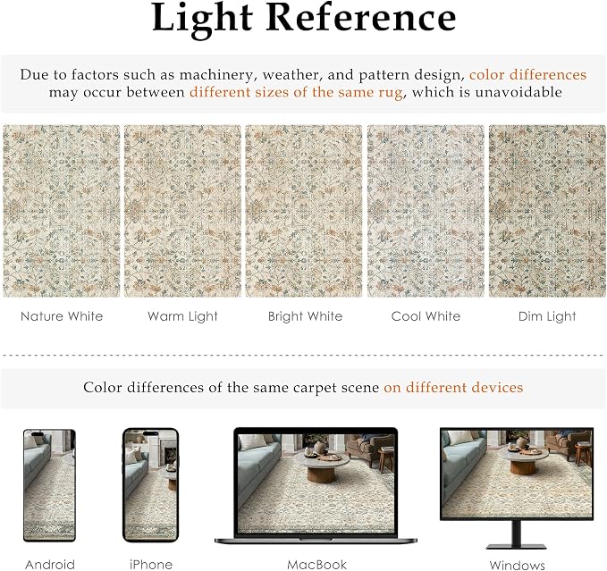 Beige Area Rug 5x7 Living Room Machine Washable Vintage Carpet Non Slip Indoor - Image 2