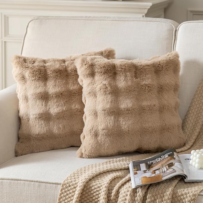 Pack of 2 Thick Plush Throw Pillow Covers Fluffy Wave Faux Fur Decorative by Joyouth