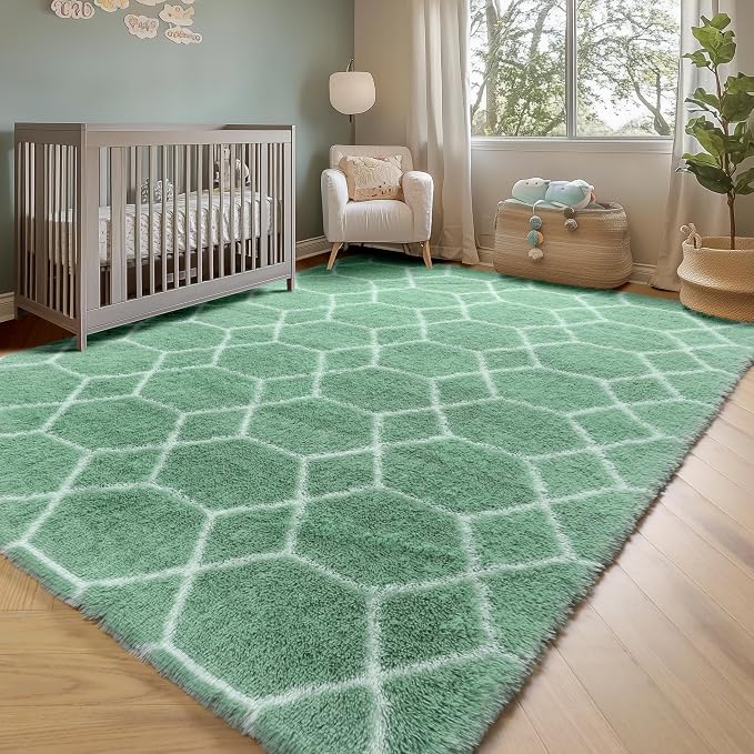 ONASAR Rugs for Living Room Bedroom, 5x8 Washable Fluffy Sage Green and White - Image 7