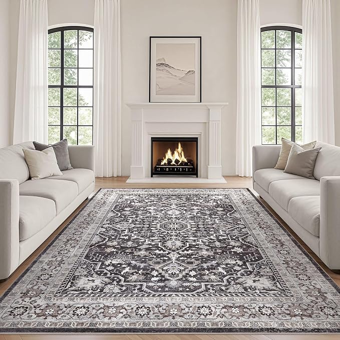 Black Rug Living Room Rugs: 7x9 Washable Boho Large Vintage Moody Soft Stain by LOONGRUG