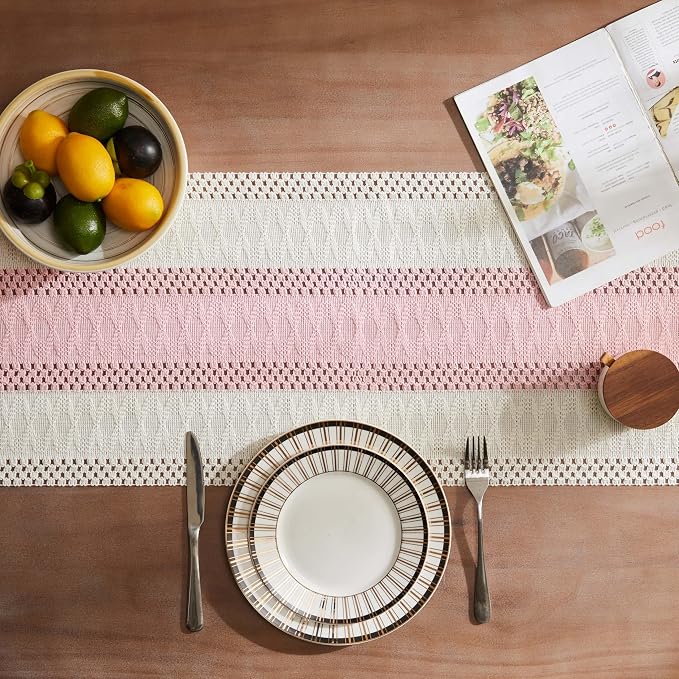 ZeeMart Macrame Style Bicolor Stitching Table Runner, 14 x 60 Inch Light - Image 4