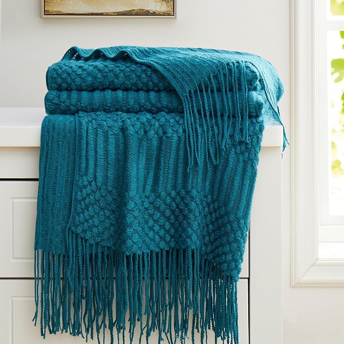 Teal Knitted Decorative Throw Blankets - Image 2