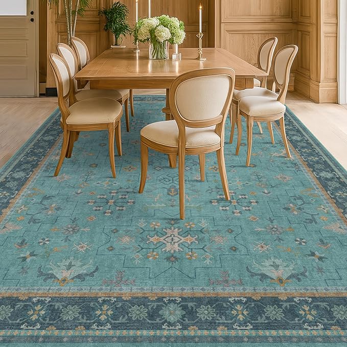 Boho Teal 7x9 Soft Rugs for Living Room, Washable Turquoise Rug for Bedroom - Image 3