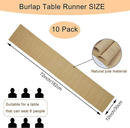 10 Pack Natural Burlap Table Runners, 12 x 72 Inch Rustic Jute Table Runner and - Image 2