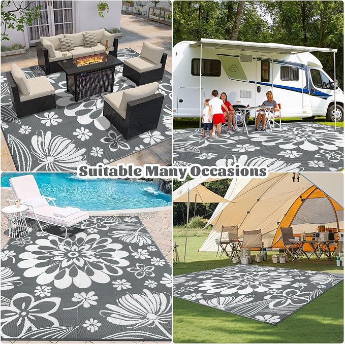 Ileading Outdoor Plastic Straw Rug 9x12ft Funny Floral Style Reversible Patio - Image 8